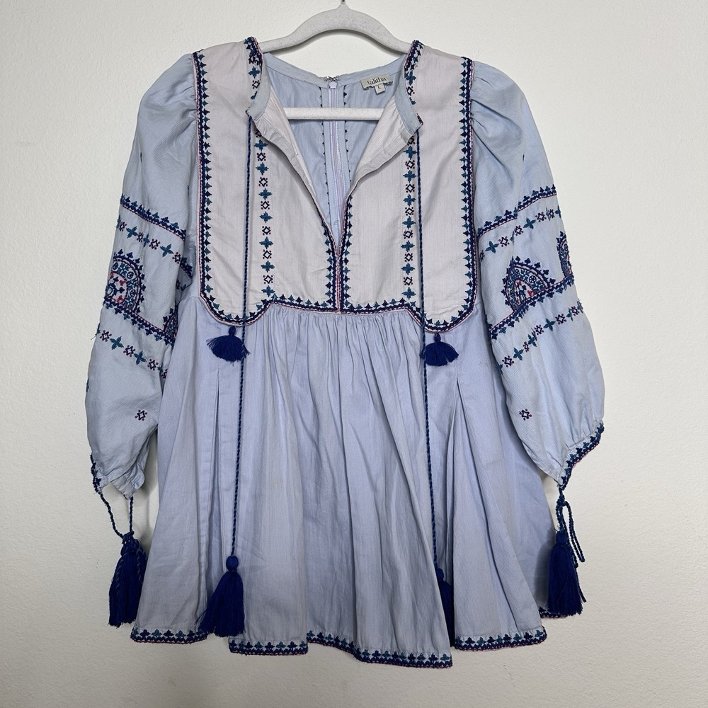 Talitha Womens Embroidered Blouse Blue Cotton Tassel Boho Top Large